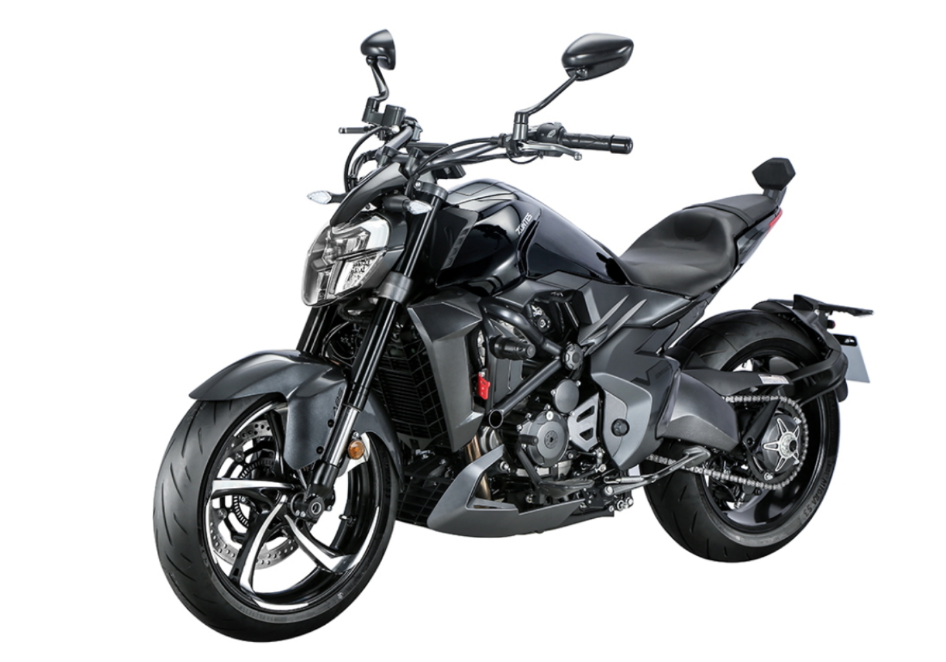Moto ZT350-V1 a preto vista 45º frontal do lado esquerdo.