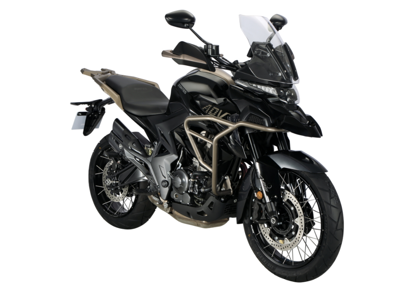 Moto ZT350-TX a preto vista 45º frontal do lado direito.