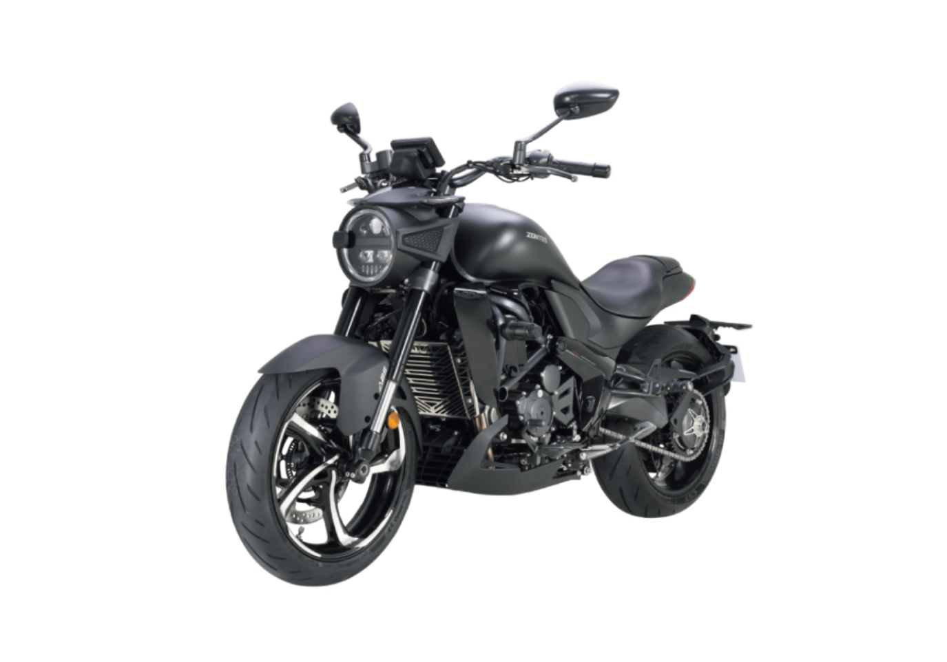 Moto ZT350-S a preto vista 45º frontal do lado esquerdo.