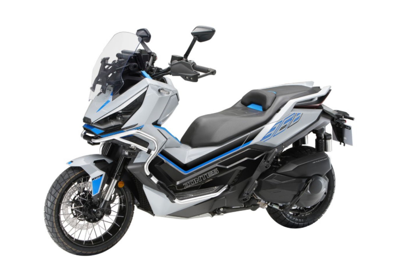 Moto ZT368-G a branco vista 45º frontal do lado esquerdo.