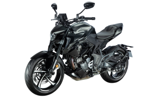 Moto ZT350-R a preto vista 45º frontal do lado esquerdo.