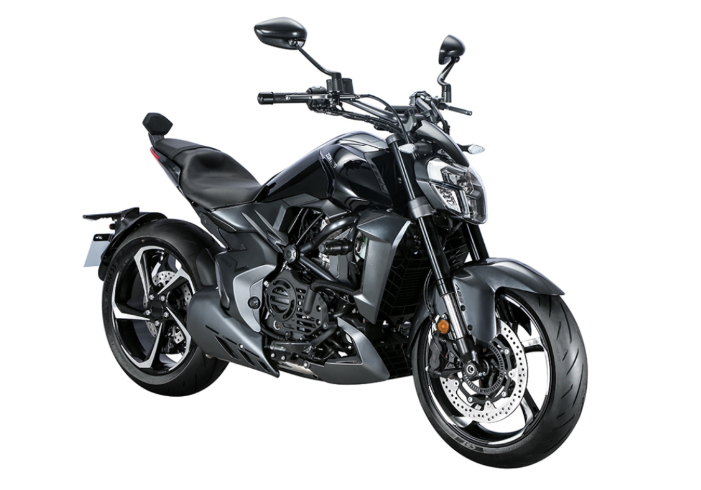 Moto ZT350-V1 a preto vista 45º frontal do lado direito.