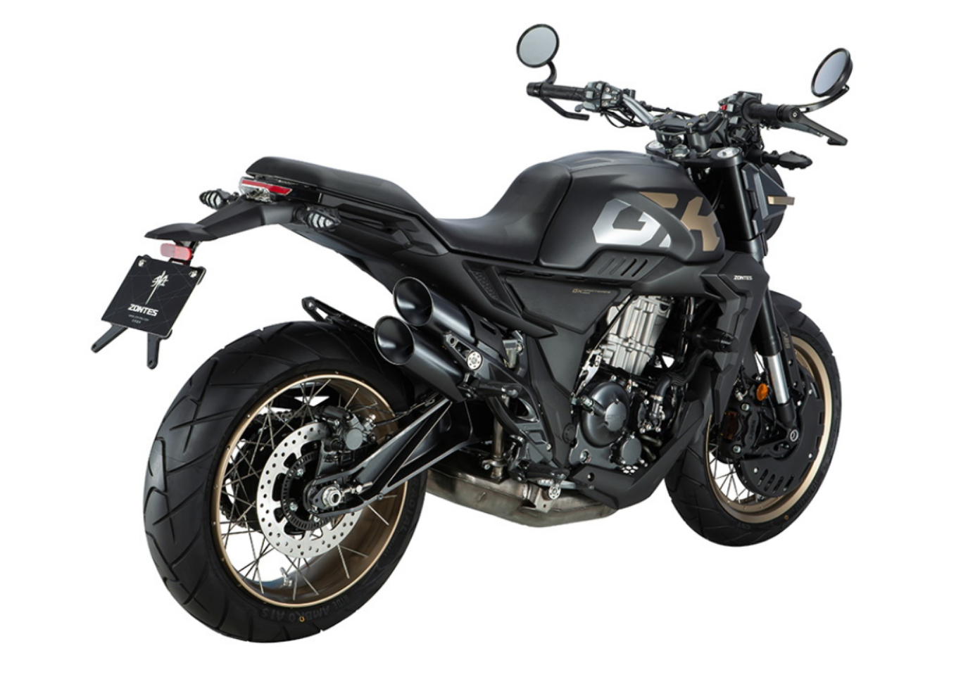Moto ZT350-GK a preto vista 45º traseira do lado direito.