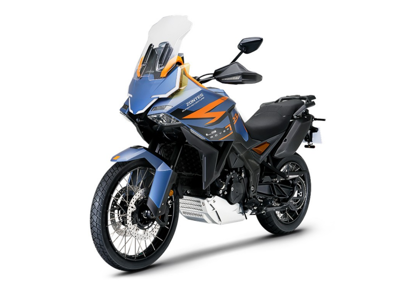 Moto ZT703-F a azul e laranja vista 45º frontal do lado direito.