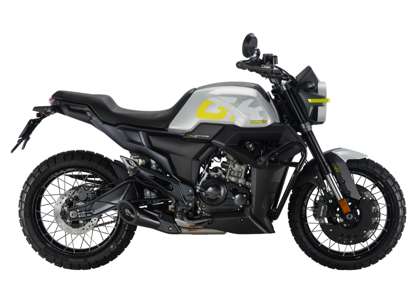 Moto ZT125-GK a cinzento vista do lado direito.