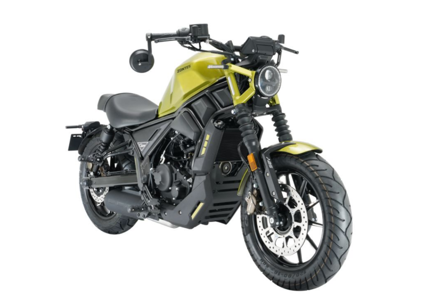 Moto ZT125-C a amarelo vista 45º frontal do lado direito.