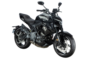 Moto ZT350-R a preto vista 45º frontal do lado direito.