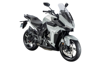 Moto ZT350-X a cinzento vista 45º frontal do lado direito.