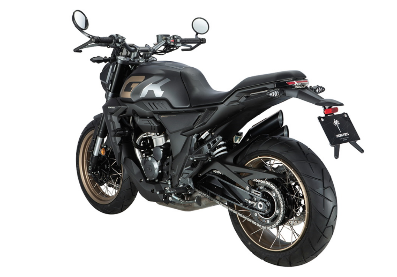 Moto ZT350-GK a preto vista 45º traseira do lado esquerdo.