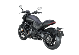 Moto ZT350-S a preto vista 45º traseira do lado esquerdo.
