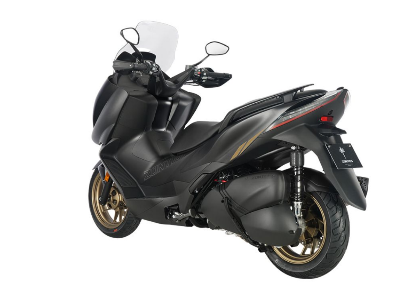 Moto ZT350-E a preto vista 45º traseira do lado esquerdo.