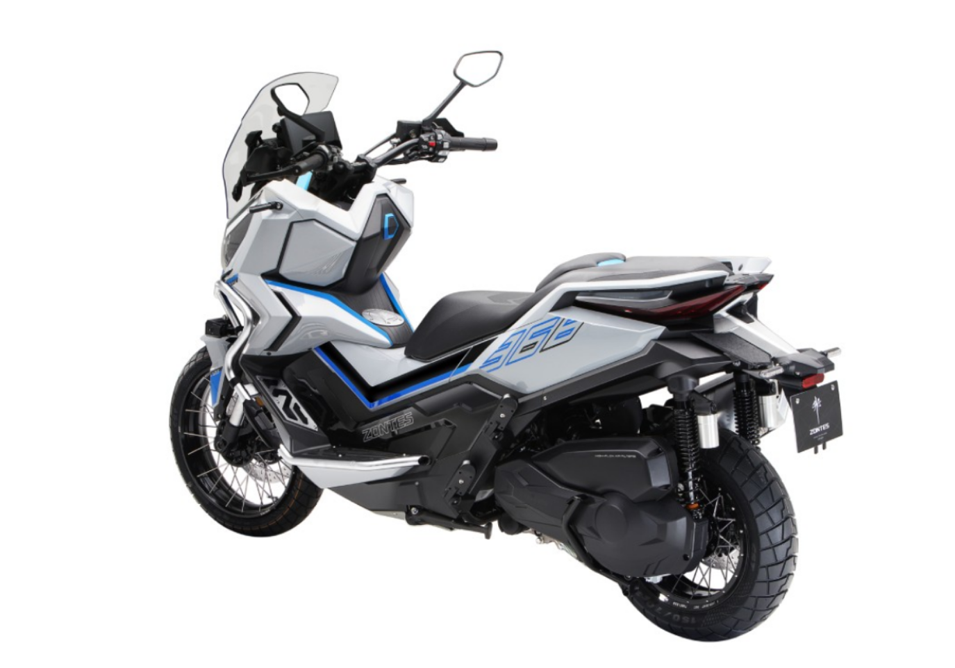 Moto ZT703-RR a vermelho e branco vista 45º traseira do lado esquerdo.