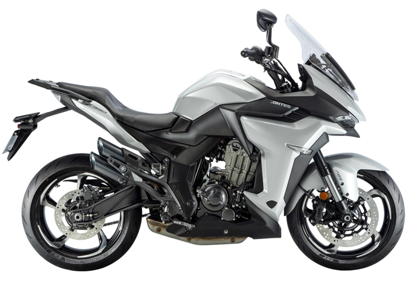 Moto ZT350-X a cinzento vista do lado esquerdo.