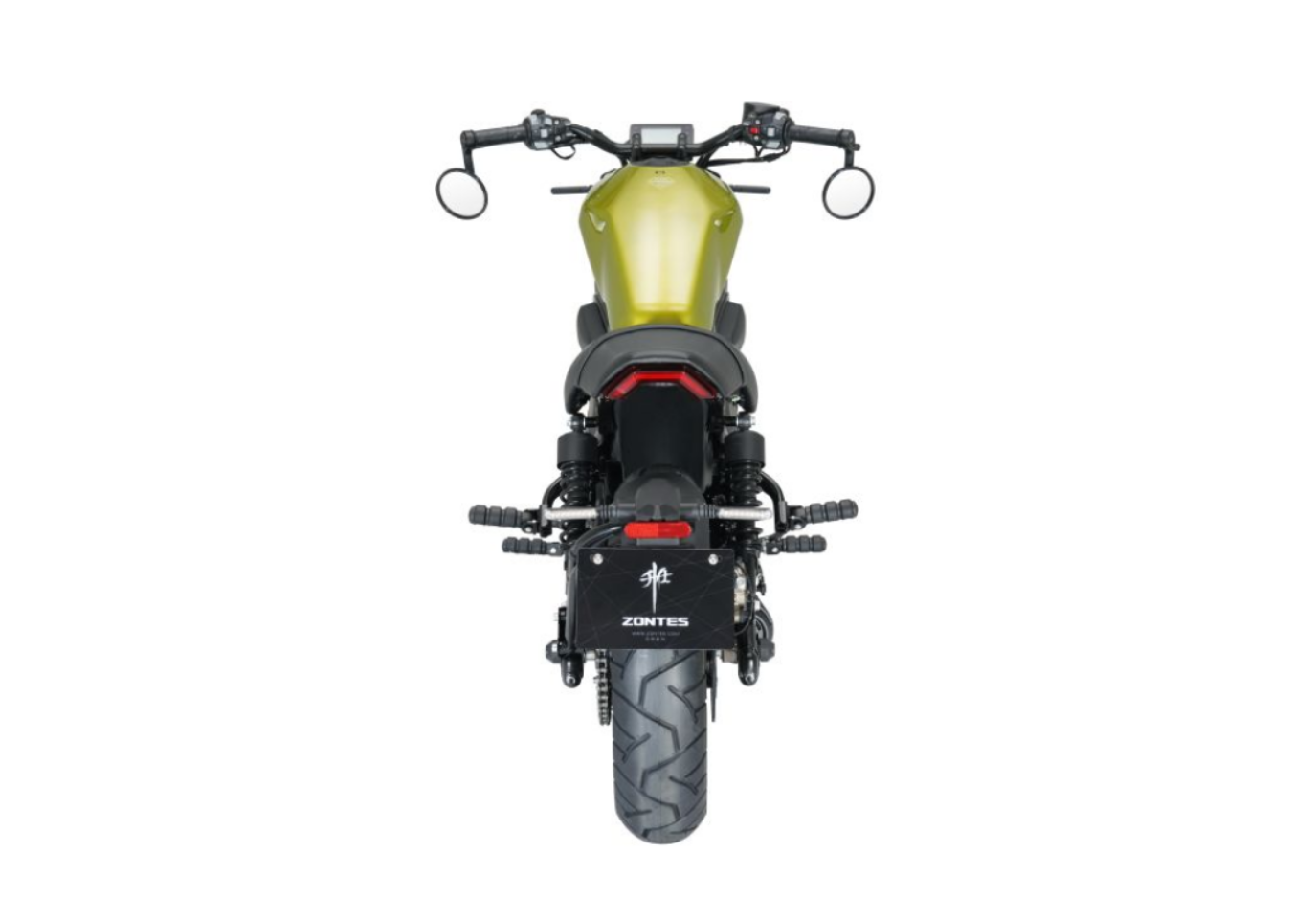 Moto ZT125-C a amarelo vista de frente.