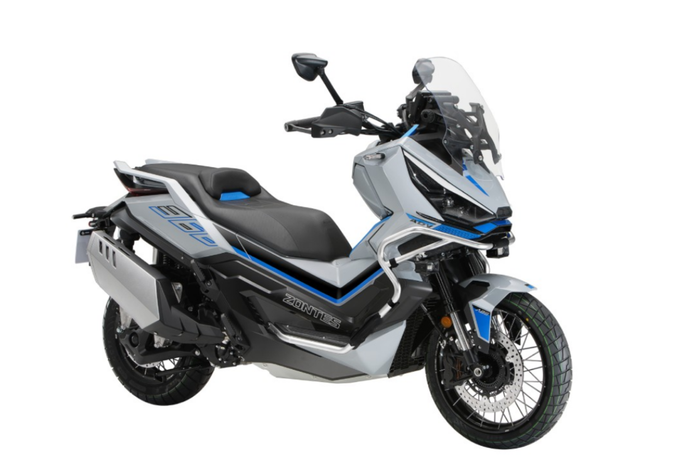 Moto ZT368-G a branco vista 45º frontal do lado direito.