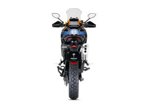 Moto ZT703-F a azul e laranja vista de trás.