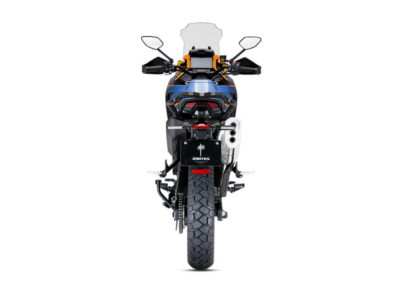 Moto ZT703-F a azul e laranja vista de trás.