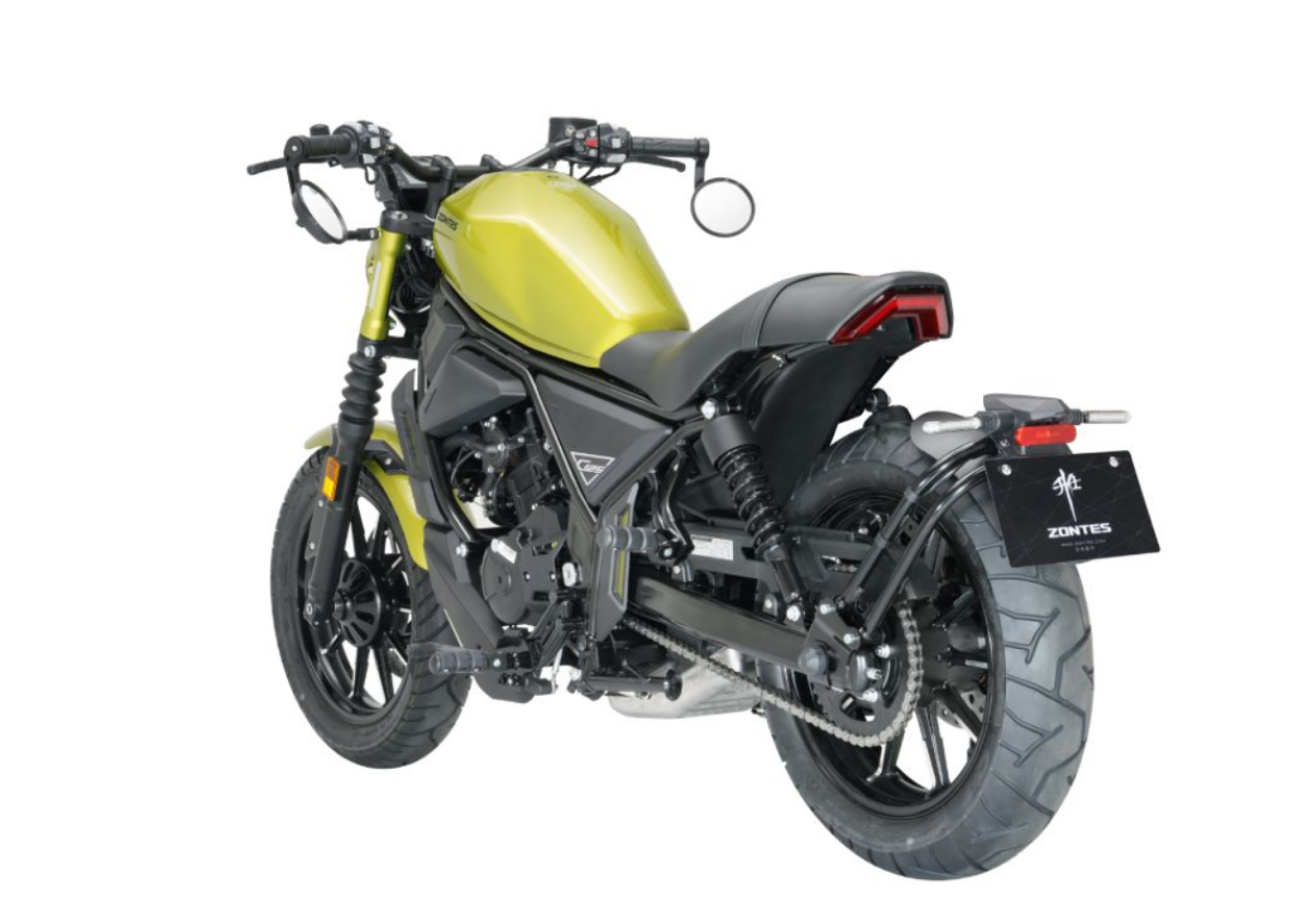 Moto ZT125-C a amarelo vista 45º traseira do lado esquerdo.