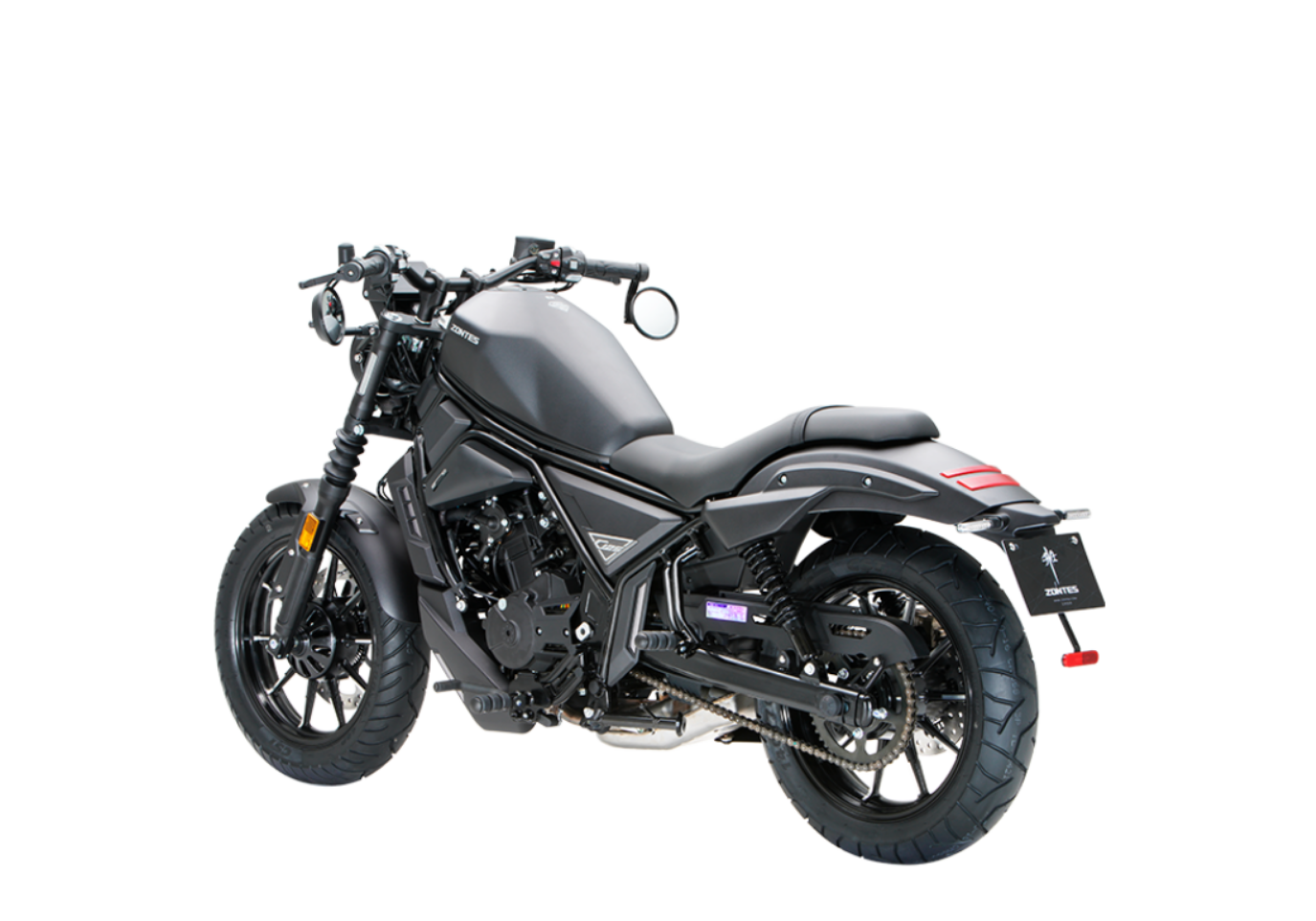 Moto ZT125-C2 a preto vista 45º traseira do lado esquerdo.