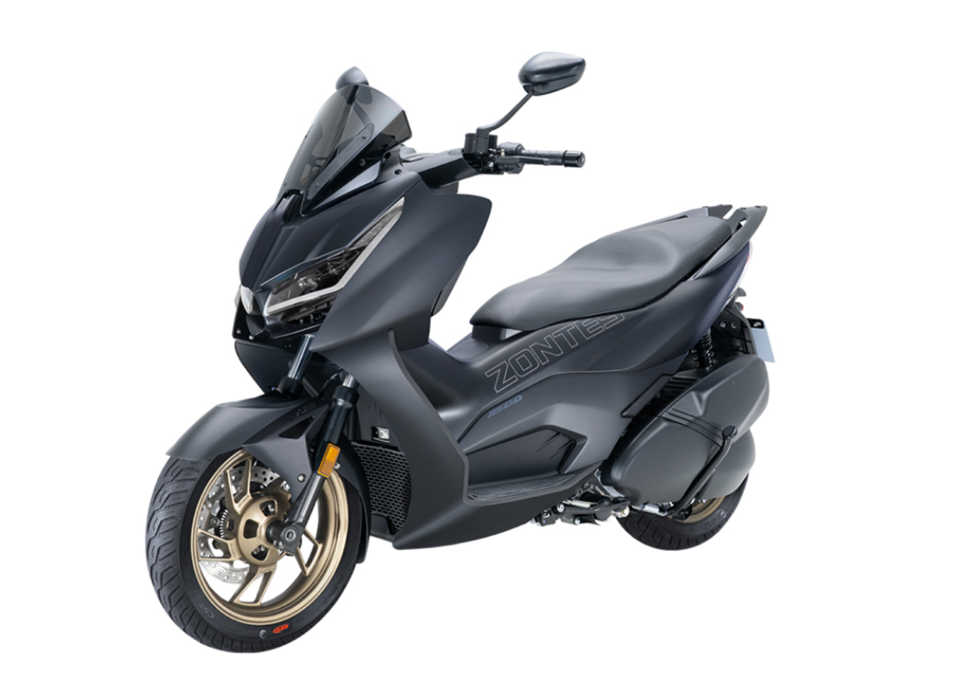 Moto ZT350-D a preto vista 45º frontal do lado esquerdo.