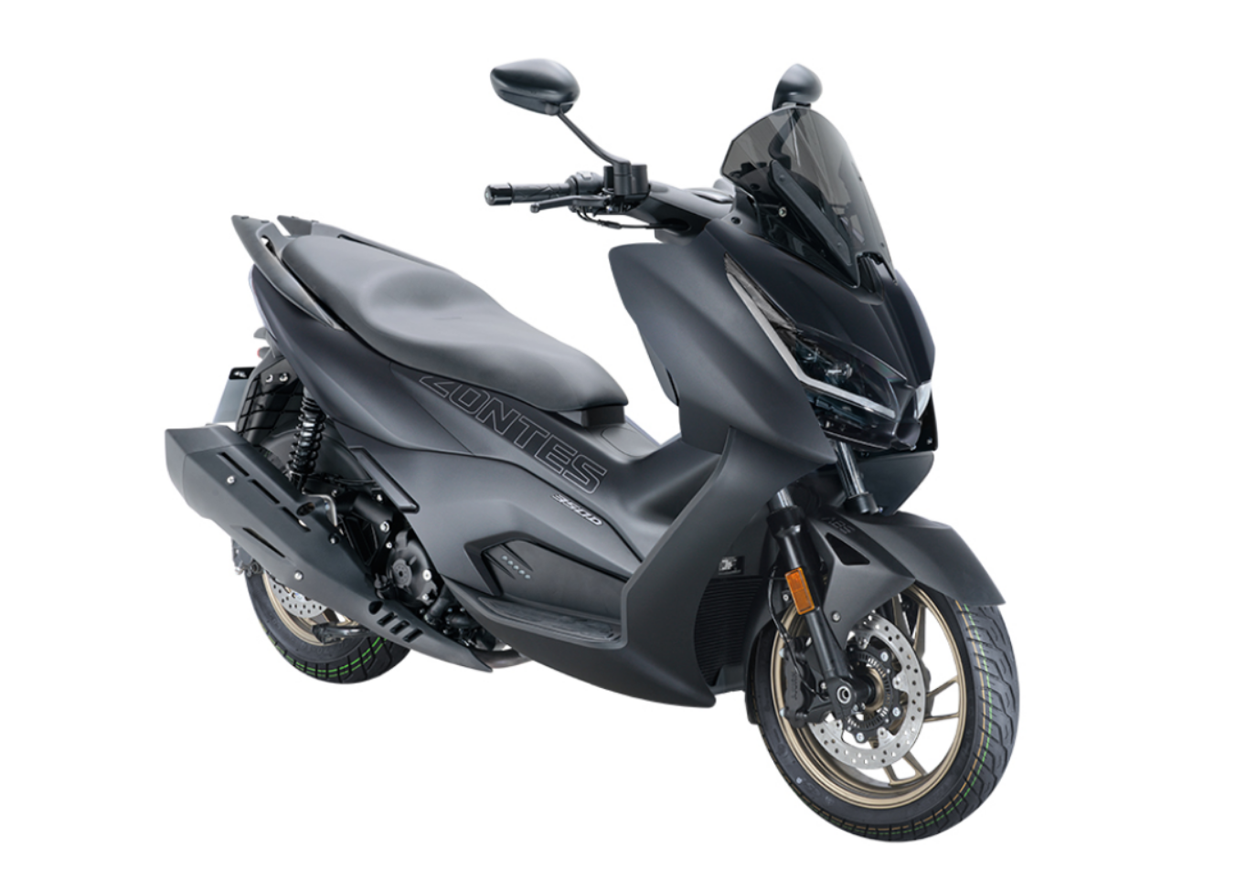 Moto ZT350-D a preto vista 45º frontal do lado direito.