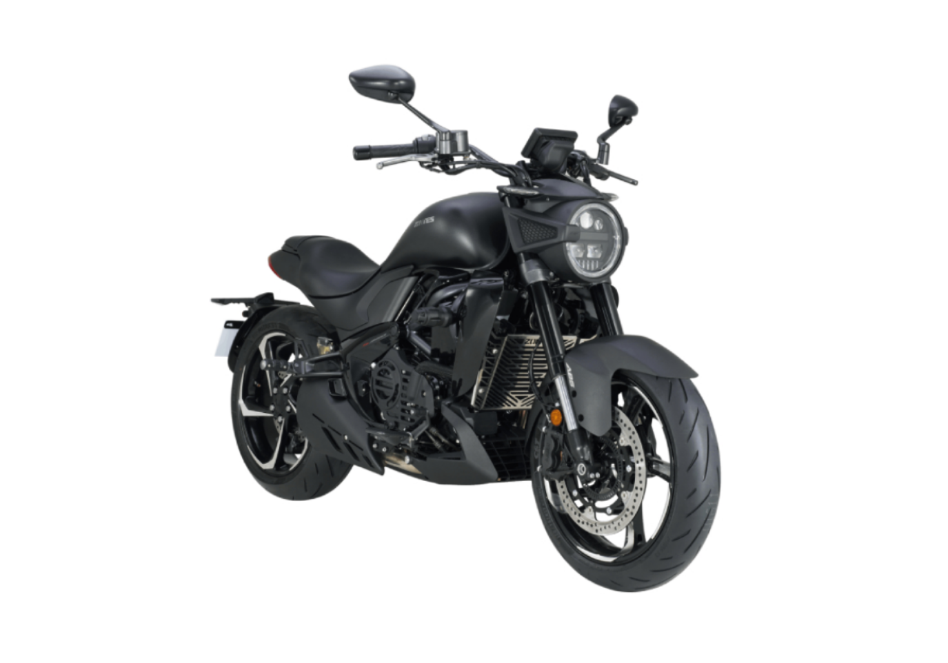 Moto ZT350-S a preto vista 45º frontal do lado direito.