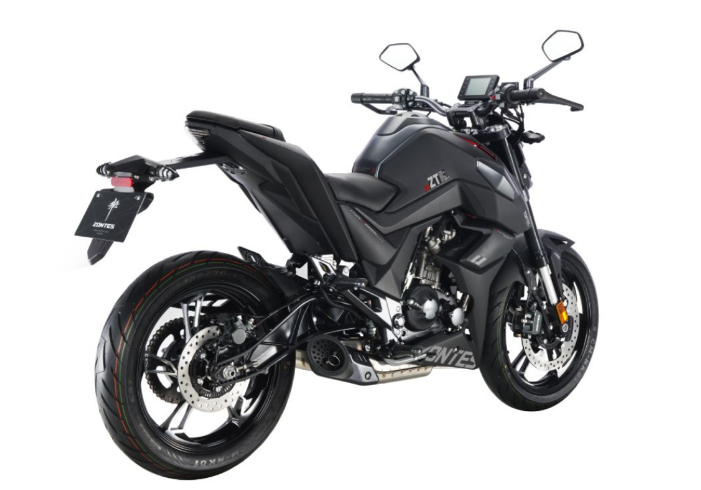 Moto ZT125-U-LCD a preto vista 45º traseira do lado direito.