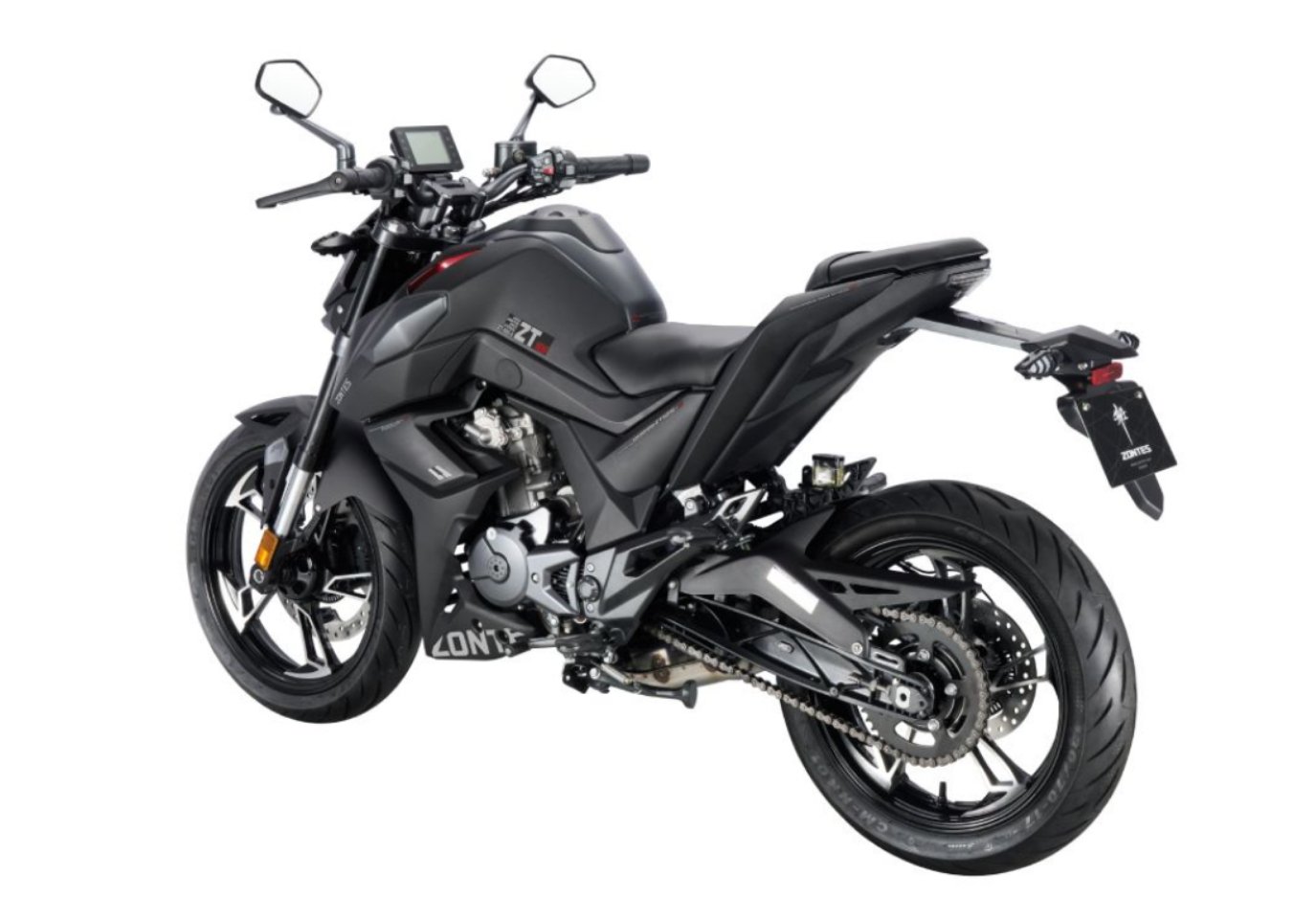 Moto ZT125-U-LCD a preto vista 45º traseira do lado esquerdo.