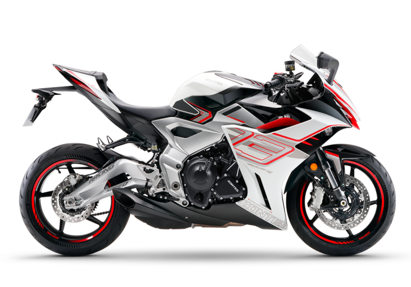 Moto ZT703-RR a vermelho e branco vista do lado direito.