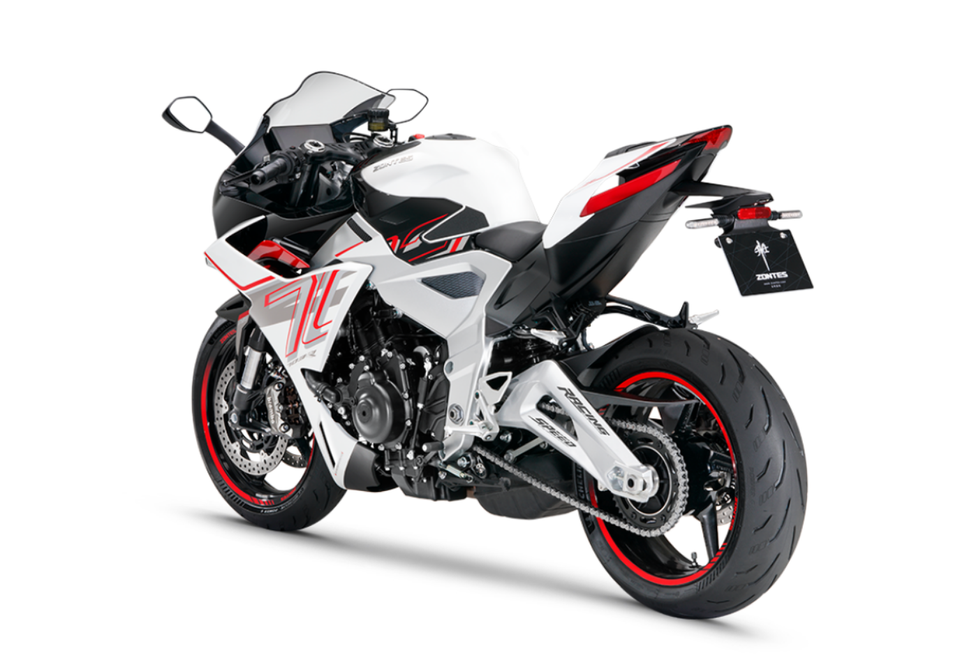 Moto ZT703-RR a vermelho e branco vista 45º traseira do lado esquerdo.