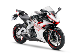 Moto ZT703-RR a vermelho e branco vista 45º frontal do lado direito.