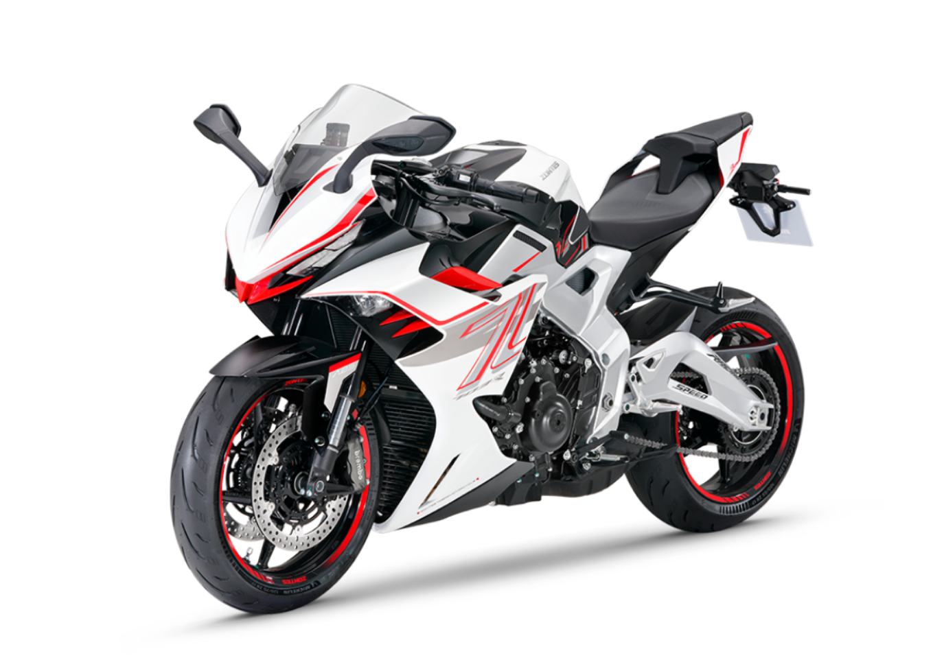 Moto ZT703-RR a vermelho e branco vista 45º frontal do lado direito.